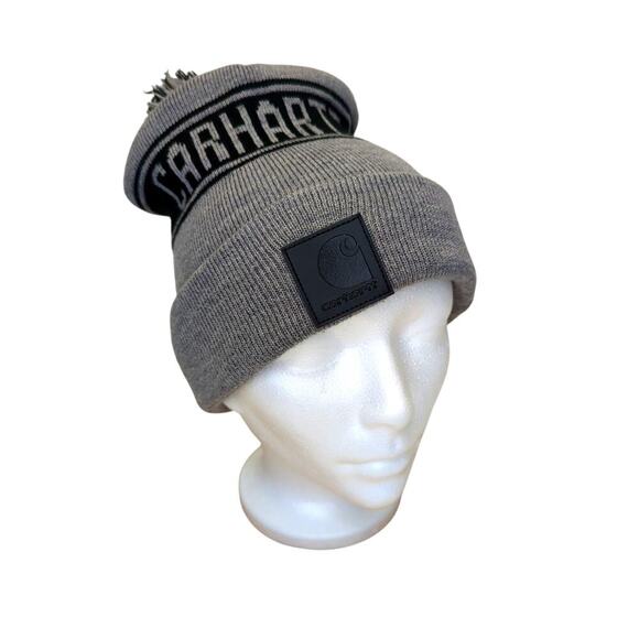 Carhartt Knit Pom-Pom Beanie Gray and Black Spell out - Picture 1 of 4